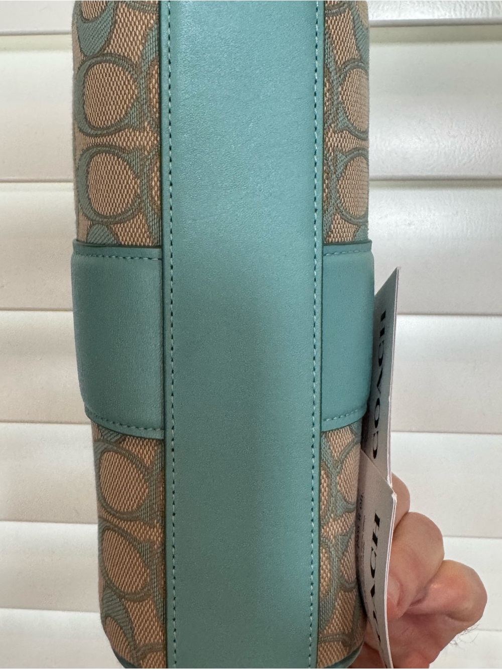 Coach Mini Barrel Shoulder Bag in Aqua/Beige Signature Jacquard - Picture 6 of 7